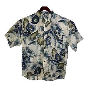 Hawaiian Chiamare Blue And Green Shirt Men's Large Button Up Front Aloha Floral